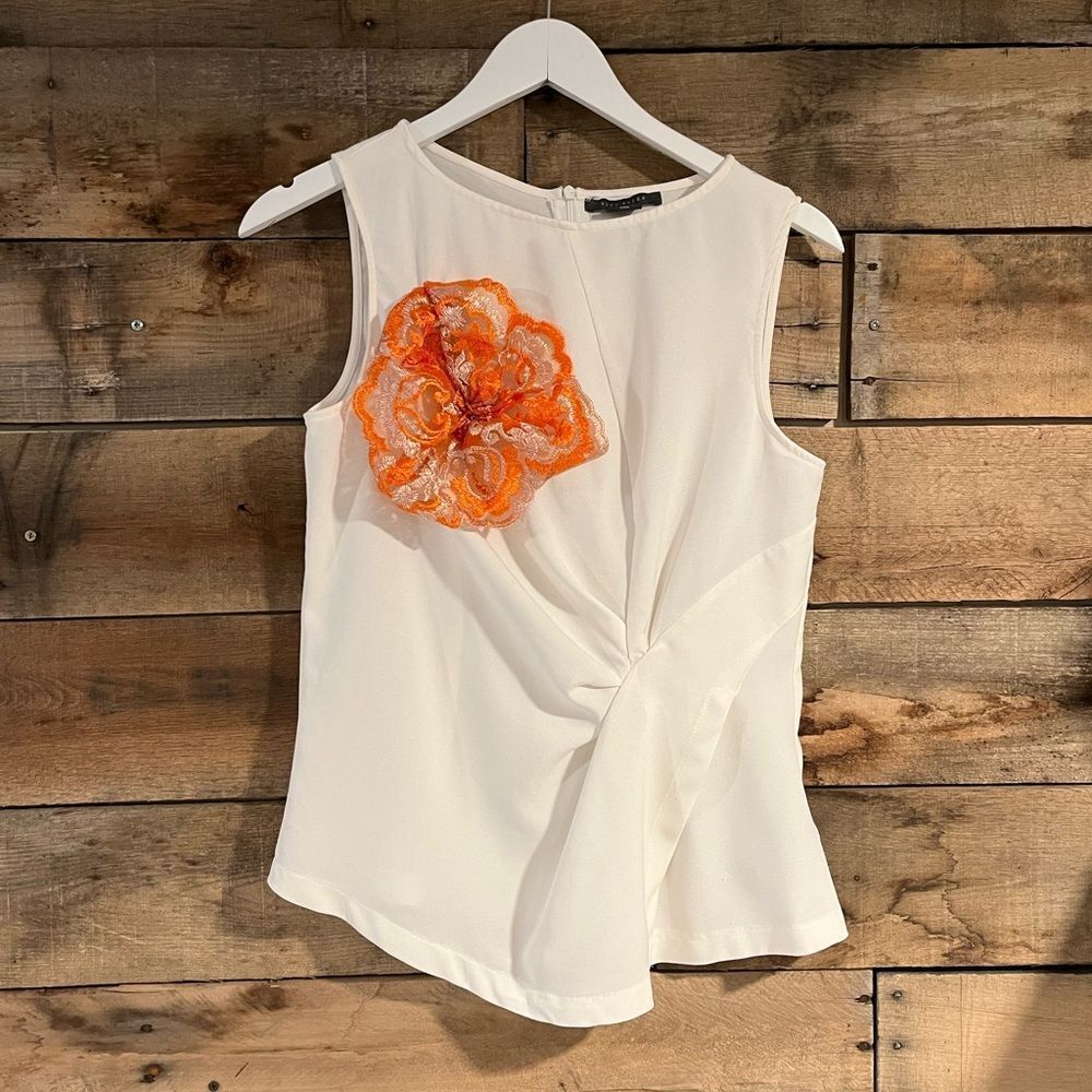 Suzy Shier White Blouse with Orange Floral Accent